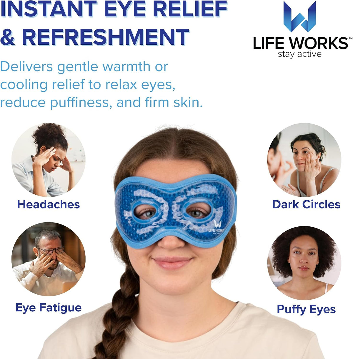 LIFE WORKS Gel Eye Mask with Cutout, Reusable, Hot or Cold, Blue