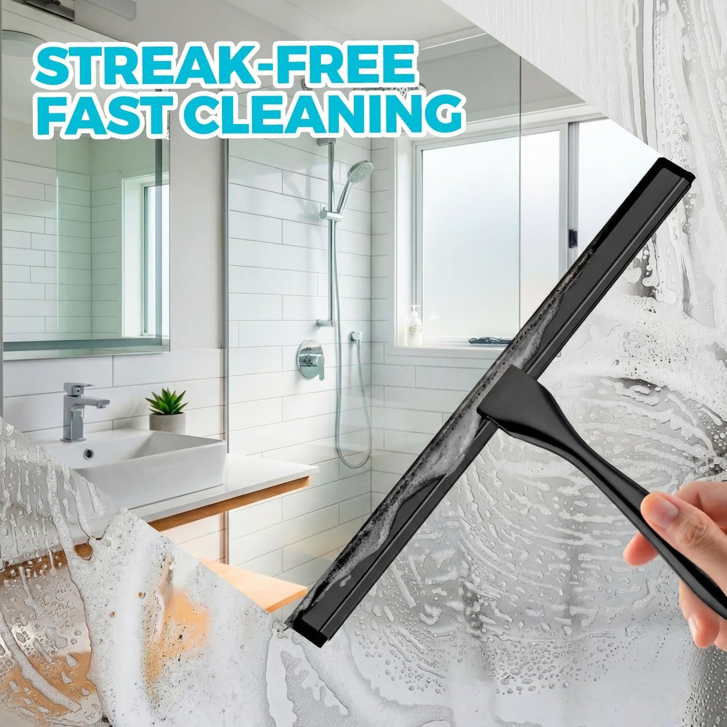 2pcs Shower Squeegee for Glass Doors with Adhesive Hanging Hook Set | 10” Silver, Bathroom Accessories, Window Cleaner, New Home Essentials, Soft Rubber Blade, Metal Handle, Ergonomic Grip