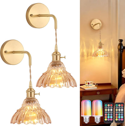 Shenmoyl Battery Operated Wall Sconce Wall Lamp with Green Lily of the Valley Shade Pattern Glass Adjustable Chain Retro Gold Wall Mounted Light, Modern Wall Lamp Fixtures Decor for Bedside Bedroom