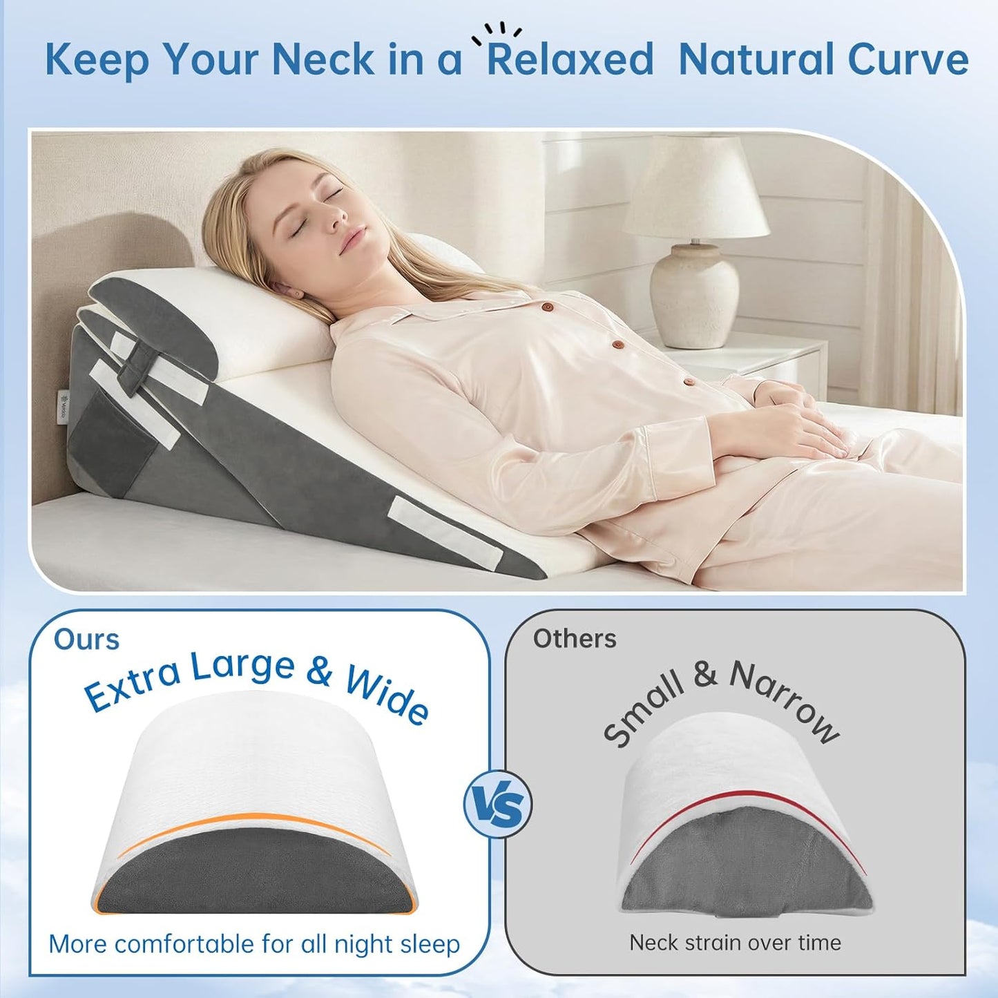 Vekkia 34" Extra-Long Wedge Pillow,7.5" Bed Wedge Pillow for Sleeping,White | Pillow Wedge Back Support for After Surgery, Idea for Acid Reflux,Snoring Relief,Removable Washable Cover&Double Side Pockets