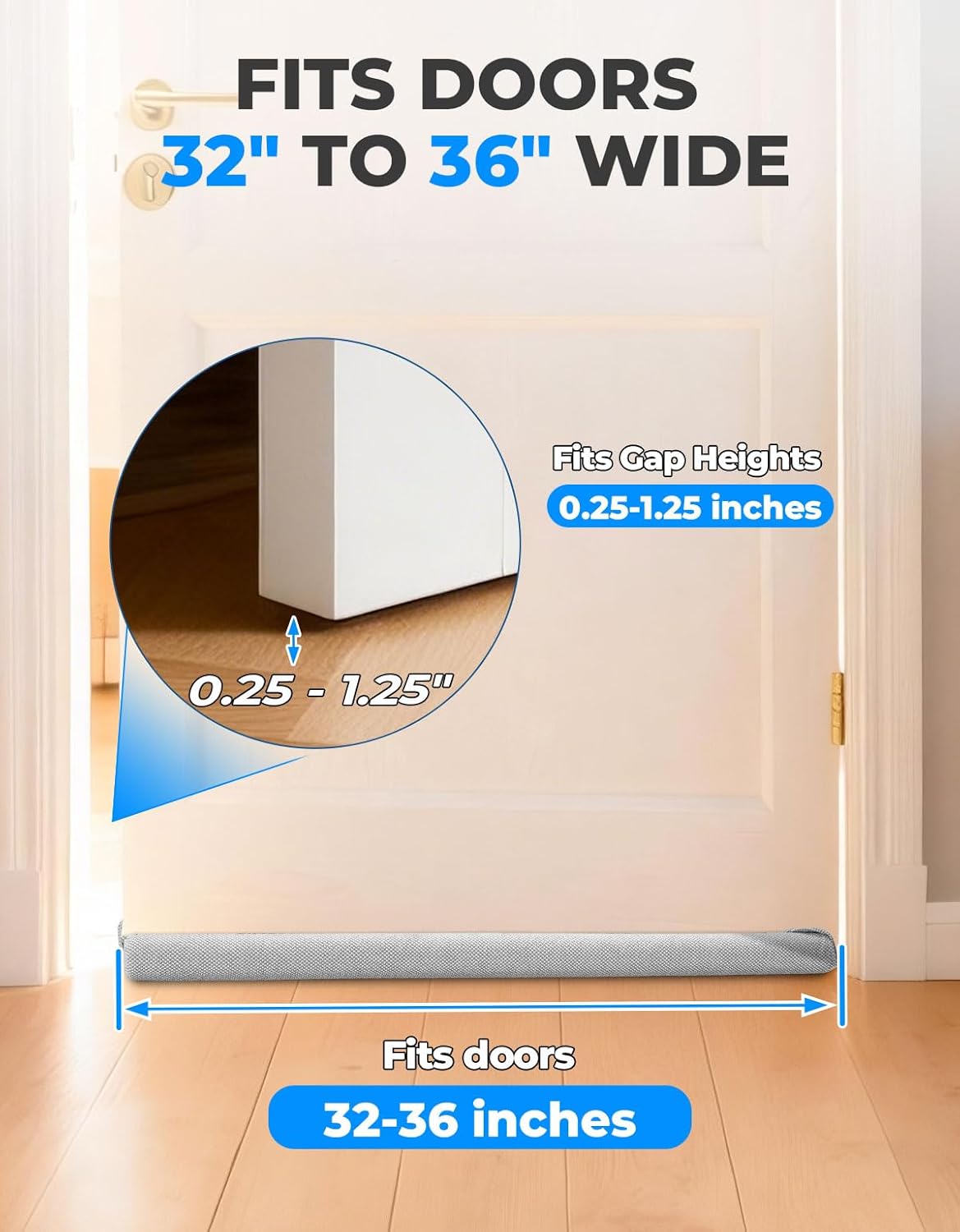 Premium Plush Under Door Draft Stopper Noise Blocker – Blocks Drafts, Dust, Noise & Light, 32-36 Inch Adjustable Door Sweep Gap Filler Bottom Door with Secure Hook & Loop Tabs