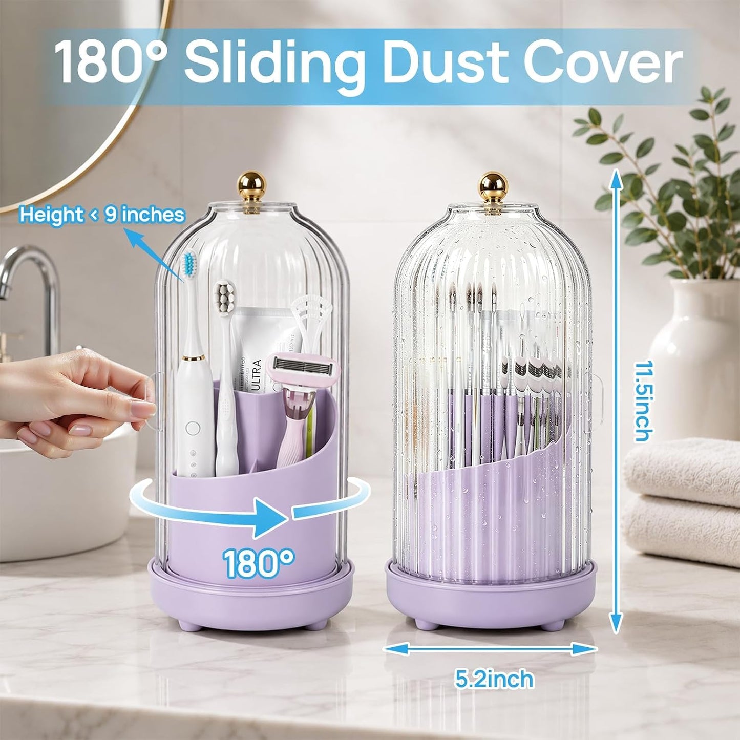 Toothbrush Holders with Cover Toothpaste Organizer for Bathroom, White | 360° Rotating, Dustproof Sliding Lid, Drainage Holes, Waterproof, for Kids Electric Toothbrush Makeup Brush Storage
