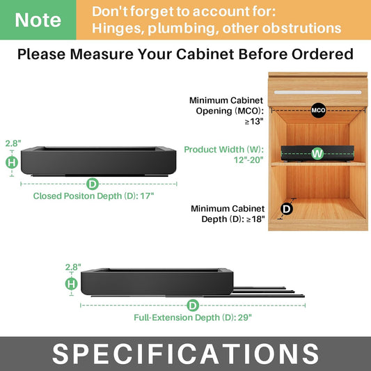 Kitstorack Pull out Cabinet Organizer, Expandable(12"-20") Heavy Duty Slide out Drawers Fixed with Adhesive Nano Film for Pots, Roll out Shelf Storage for Kitchen Base Cabinet Organization(White)