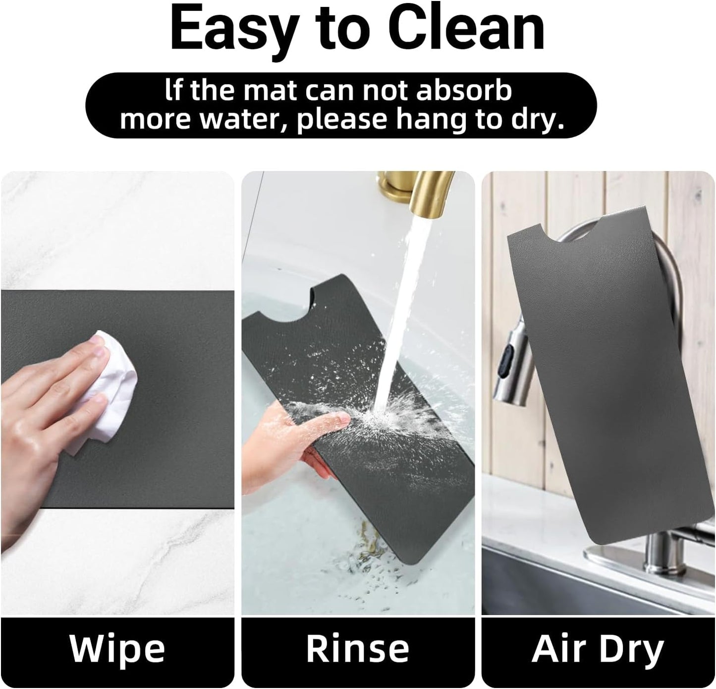 LOPNUR Cuttable Faucet Mat for Kitchen Sink, Extra Long 29 Inch, Black | Super Absorbent & Fast Dry Diatomite Sink Splash Guard, 0.8-2.4 Inch Adjustable Faucet Hole, Cut to Fit Bathroom & RV Sinks