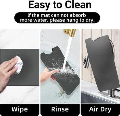 LOPNUR Cuttable Faucet Mat for Kitchen Sink, Extra Long 29 Inch, Black | Super Absorbent & Fast Dry Diatomite Sink Splash Guard, 0.8-2.4 Inch Adjustable Faucet Hole, Cut to Fit Bathroom & RV Sinks