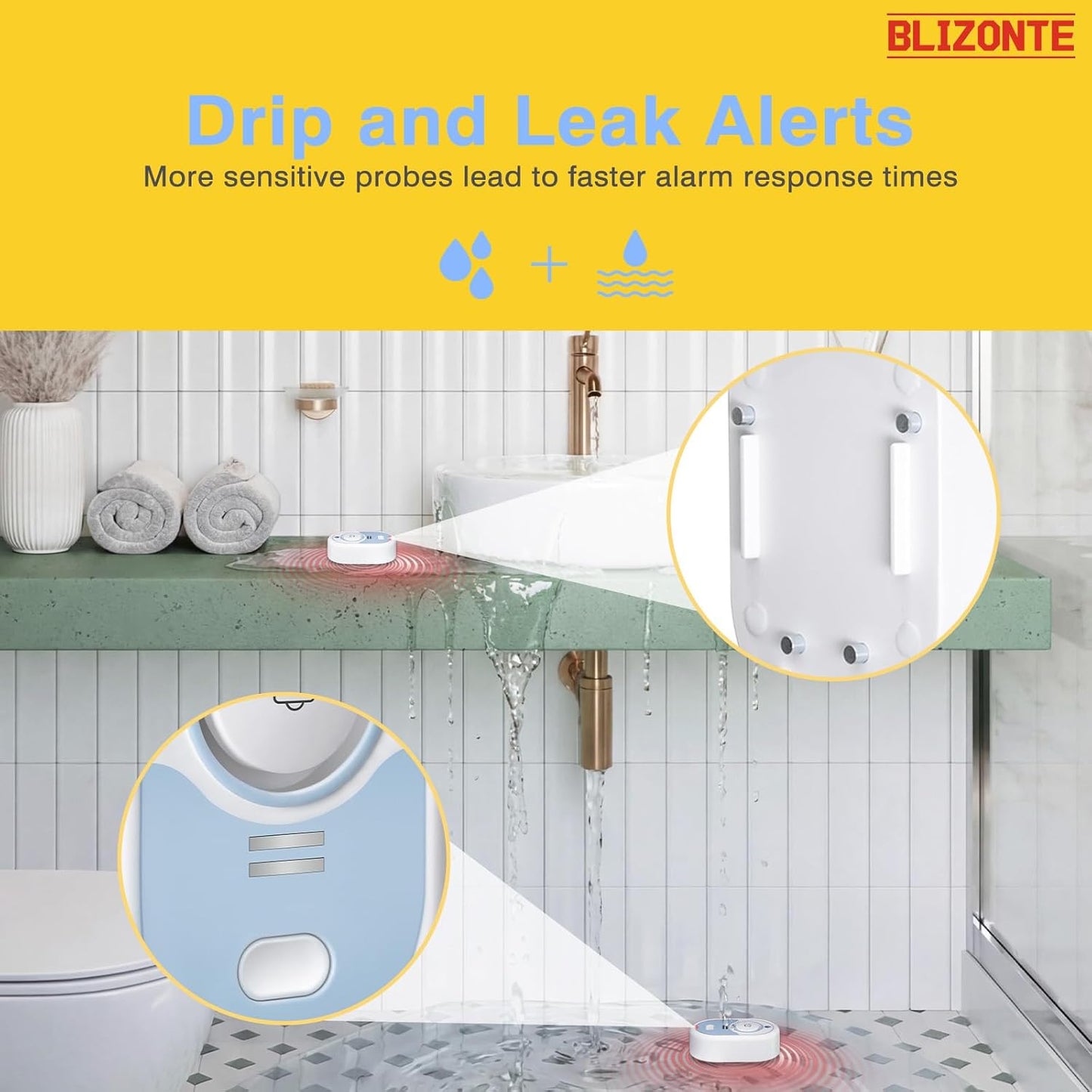Water Leak Detector 3 Pack, 5-Year Battery Life, Water Alarm with Low Battery Warning, 100dB Loud Sound and Self-Test Function, IP66 Waterproof for Home Basement Kitchen RV(Not Support Wi-Fi)