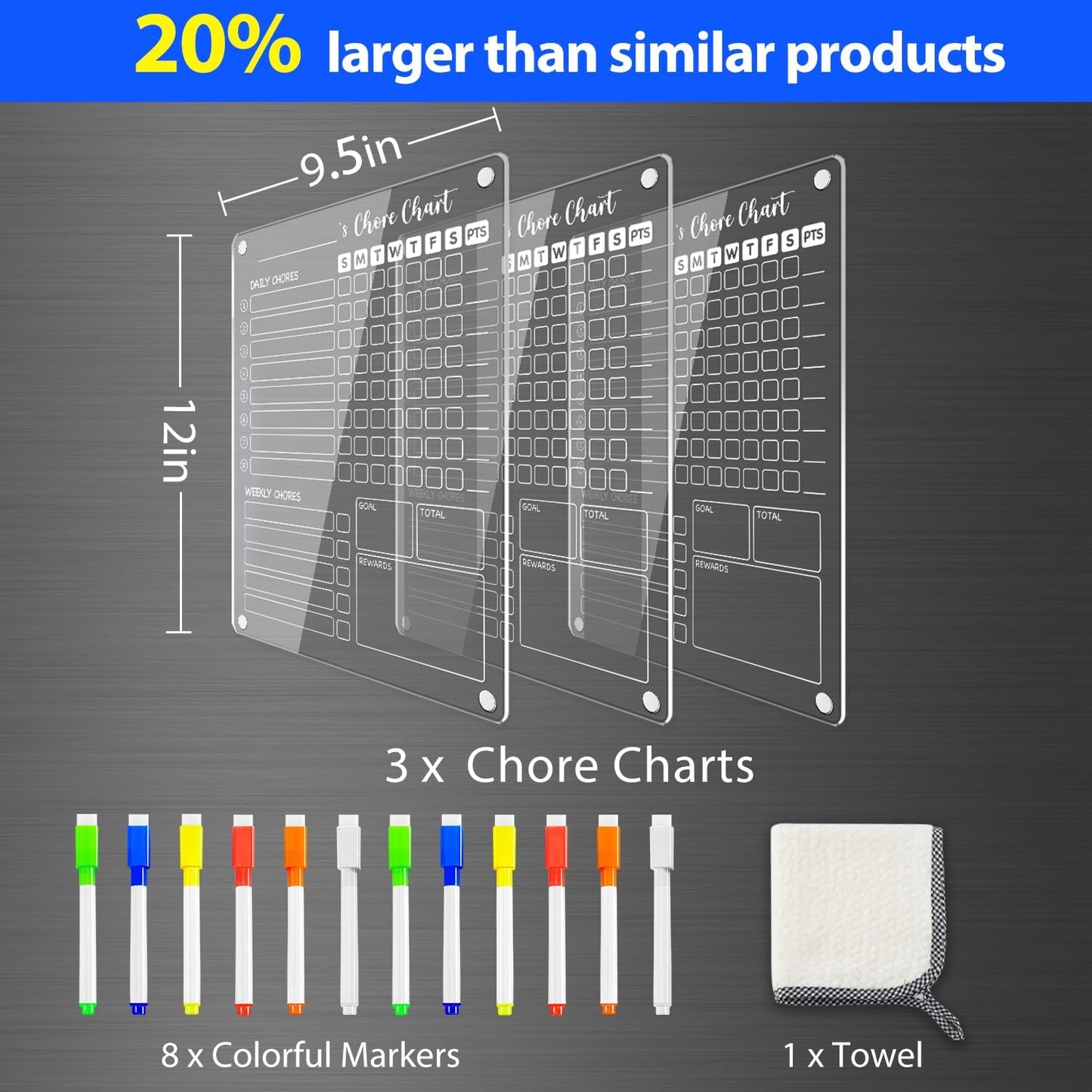 PigPotParty 2-in-1 Acrylic Magnetic Chore Chart for 2 Kids, Large 16x12 in | Clear Dry Erase Fridge Chore Board for Teens, Roommates; Vibrant Layout; Embedded Magnets; 12 Wet-Erase Markers and Towel