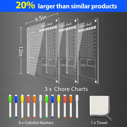 PigPotParty 2-in-1 Acrylic Magnetic Chore Chart for 2 Kids, Large 16x12 in | Clear Dry Erase Fridge Chore Board for Teens, Roommates; Vibrant Layout; Embedded Magnets; 12 Wet-Erase Markers and Towel
