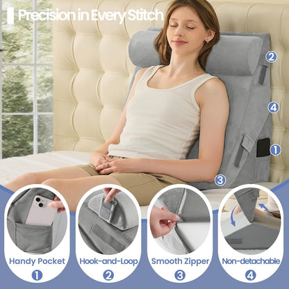 Sasttie Adjustable Wedge Pillow Set for After Surgery, Dark Grey & White | Bed Wedge Pillow Headboard with Memory Foam Neck Cushion, for Acid Reflux, Sleeping, Neck & Back Support