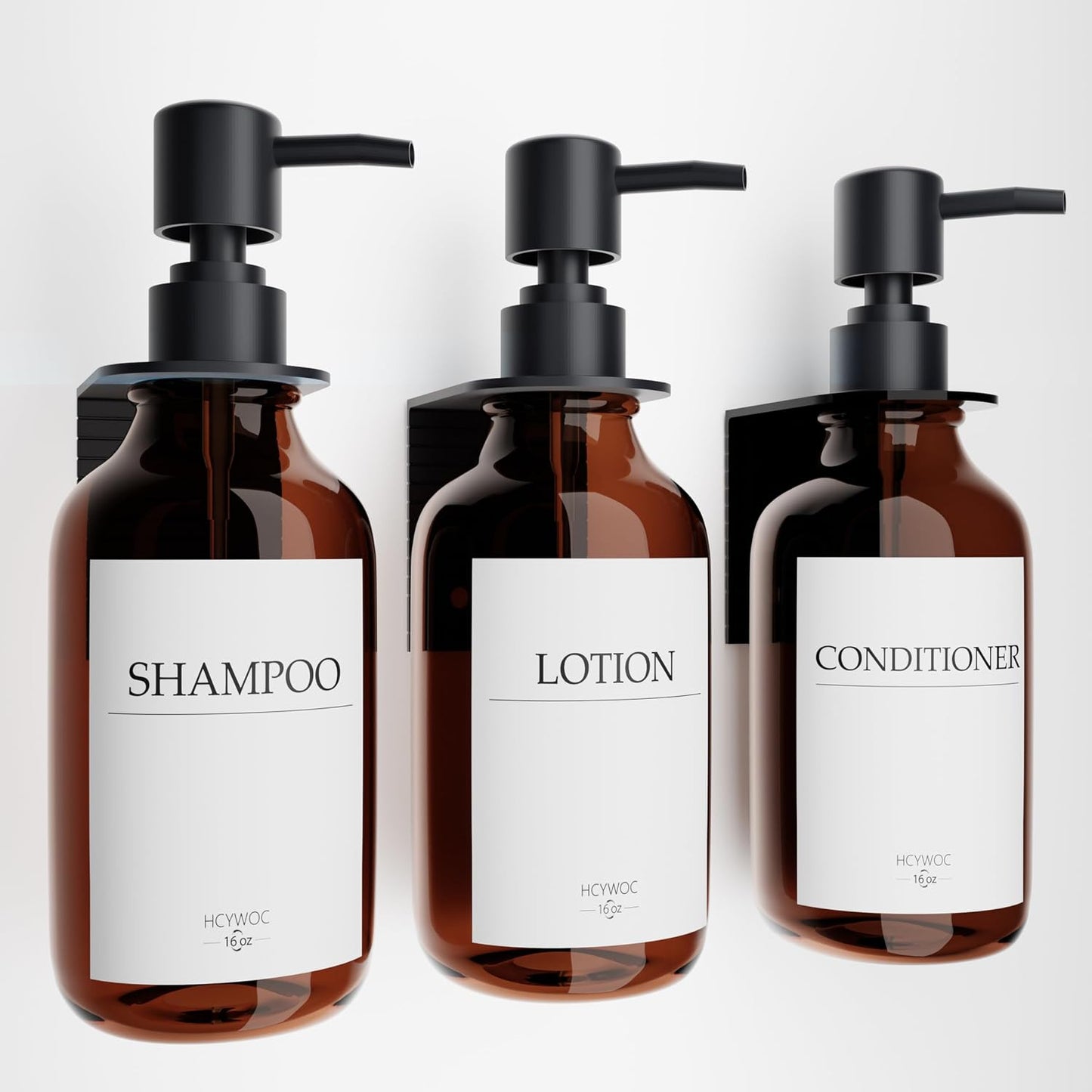 3 Pack Wall Mount Shower Dispenser, No Drill, 16 Waterproof Labels | Shampoo Dispenser for Shower Wall, Shampoo and Conditioner Dispenser, Bathroom, 17oz, Gold Amber