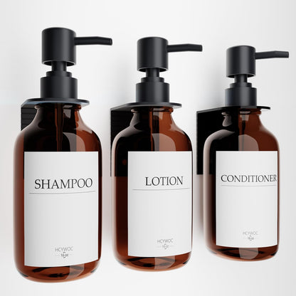 3 Pack Wall Mount Shower Dispenser, No Drill, 16 Waterproof Labels | Shampoo Dispenser for Shower Wall, Shampoo and Conditioner Dispenser, Bathroom, 17oz, Gold Amber