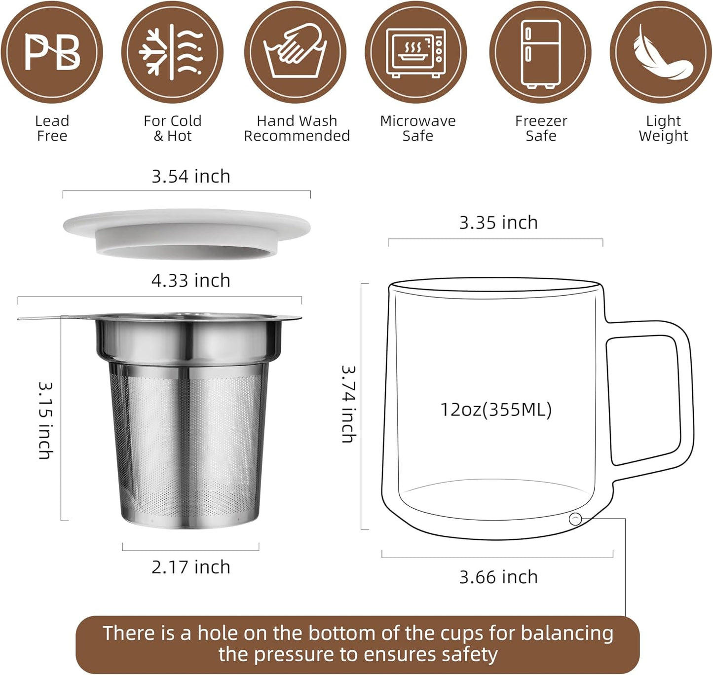 CNGLASS 12oz Double Walled Glass Tea Cup with Stainless Steel Infuser and Lid,Borosilicate Glass Tea Infuser Mug for Loose Tea,Teabag,Set of 1