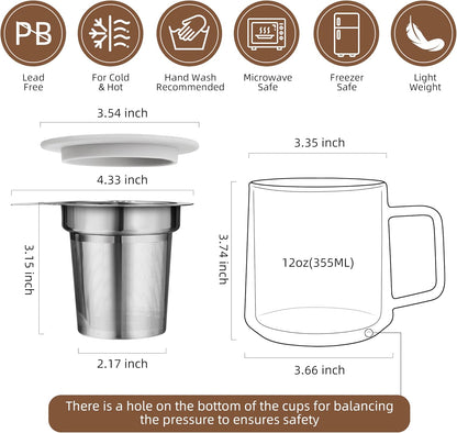 CNGLASS 12oz Double Walled Glass Tea Cup with Stainless Steel Infuser and Lid,Borosilicate Glass Tea Infuser Mug for Loose Tea,Teabag,Set of 1