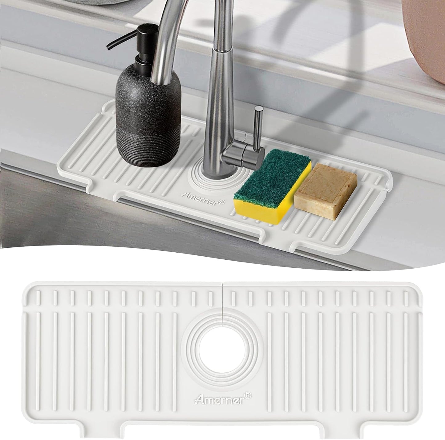 Kitchen Sink Splash Guard, 20IN Longer Silicone Faucet Guard & Draining Mat, Bathroom and Kitchen Sink Organizer, Sink Faucet Mat Water Splash Guard Behind Faucet Accessories Gadget, 20” x 5.5”, White
