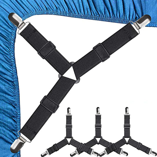 RZJZGZ 4Pcs Bed Fitted Sheet Straps Clips Adjustable Crisscross Sheets Clip | Holder Fasteners Suspenders for Mattress Cushion Cribs Elastic Sheet Strap Fitted Sheet Corner Holder (White)