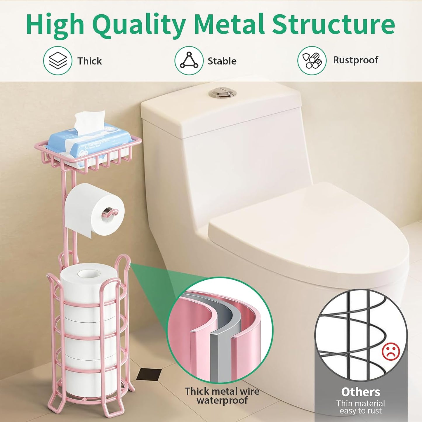 TomCare Toilet Paper Holder Free Standing with Shelf, Stable 4 Raised Feet | Stores 4 Mega Rolls, Tool-Free Assembly, Powder-Coated Metal Frame, Bathroom Storage Organizer for Spare Rolls, Silver