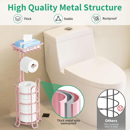 TomCare Toilet Paper Holder Free Standing with Shelf, Stable 4 Raised Feet | Stores 4 Mega Rolls, Tool-Free Assembly, Powder-Coated Metal Frame, Bathroom Storage Organizer for Spare Rolls, Silver