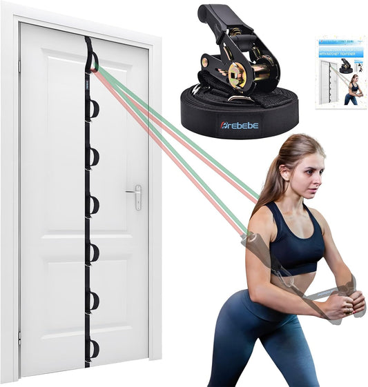 Brebebe Upgrade Door Anchor Strap for Resistance Bands Exercise, Multi Points Anchor Straps with 7 Loops+ 7 D Rings, Home Gym Workout Equipments with Ratchet Adjust Tighten Straps Not Loose, Sturdy