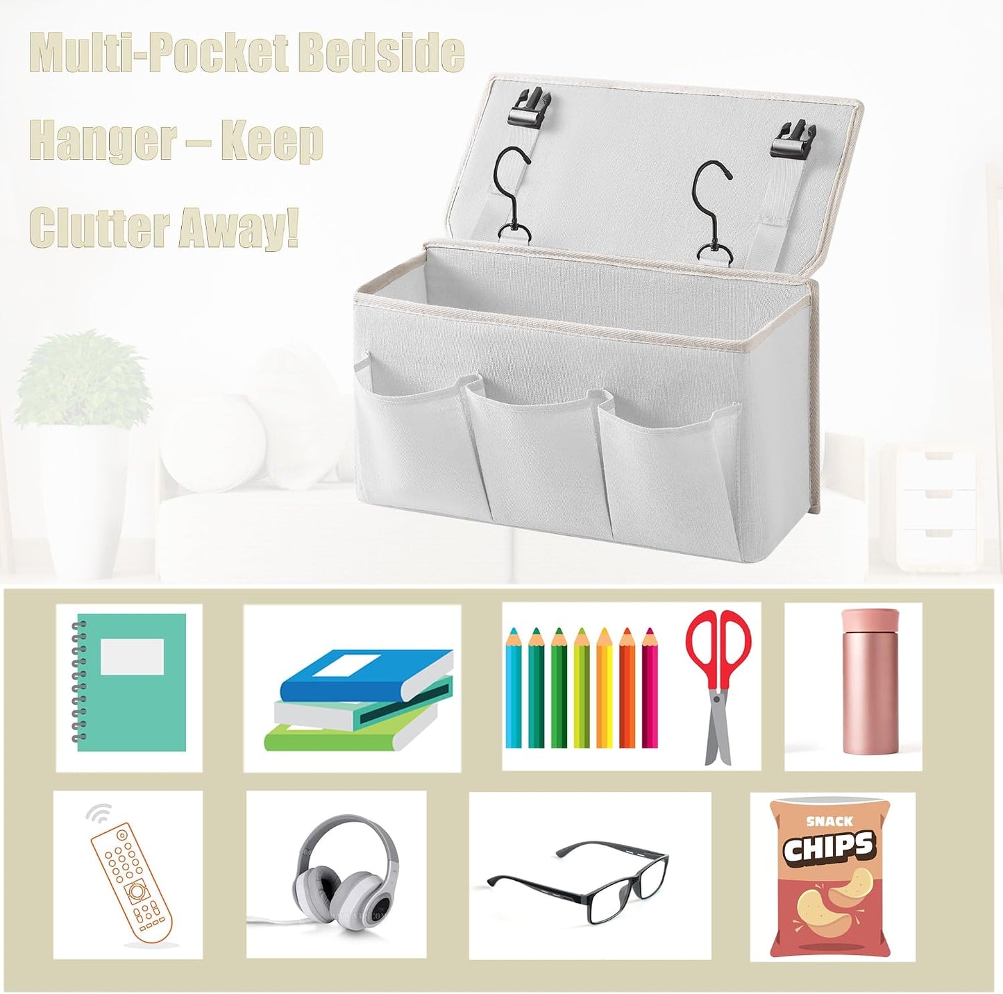 Bedside Caddy/Bedside Storage Organizer Hanging Bag with Three Options,Suitable for home beds, sofas, and dormitory beds—can hold magazines, books, phones, iPads, remote controls. (Gray)