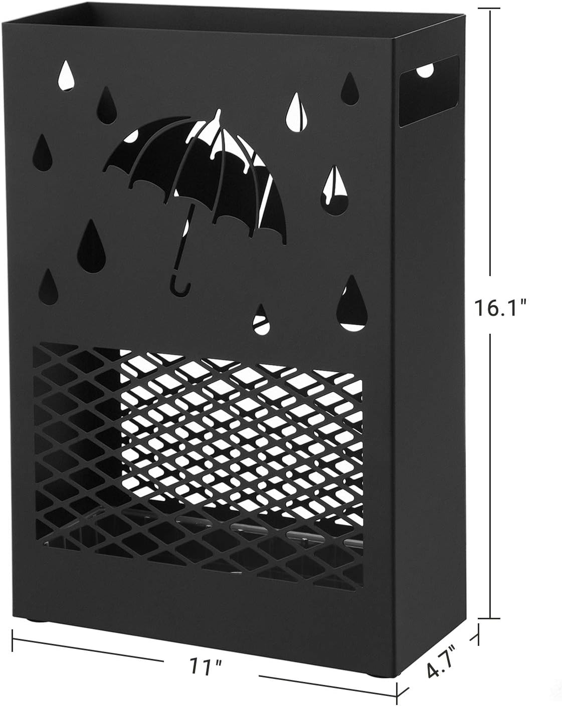 SONGMICS Metal Umbrella Stand, Rectangular, Removable Drip Tray, 4 Hooks | Umbrella Holder Rack, Cutout Design, for Entryway, Office, Matte Black, PATSY Collection ULUC03BK