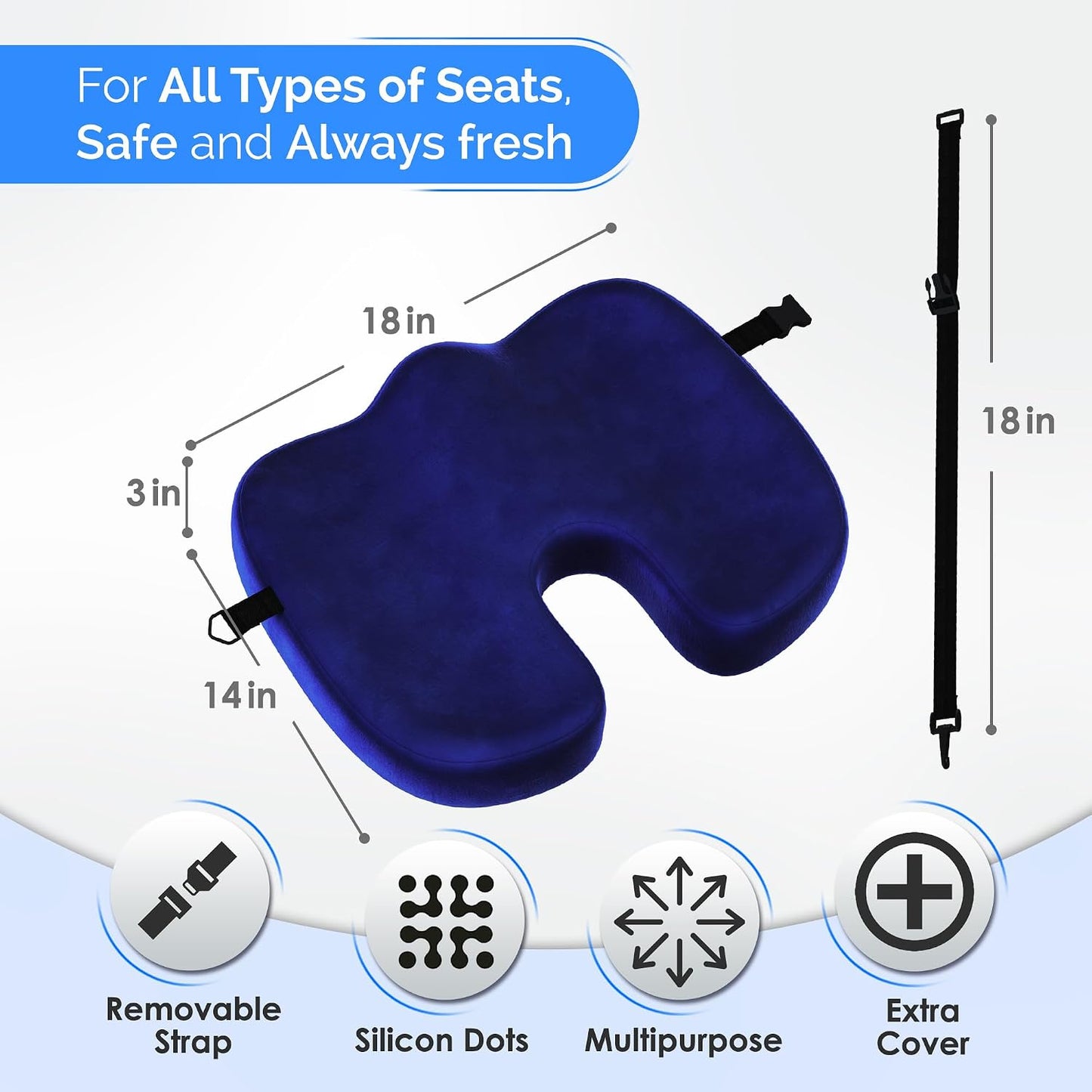 Gel Seat Cushion – Navy Blue Flannel Pillow with Velvet Removable Cover – Ergonomic Sponge Support for Office with Adjustable Strap