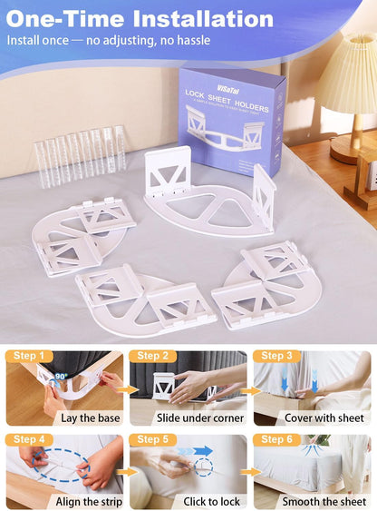 Bed Sheet Holders for Corners, 4PCS Heavy Duty Sheet Locks for Fitted Sheets, Invisible Non-Slip Locking Clips & Corner Grippers to Keep Sheets Firm & Tight, Easy Install, Universal Fit