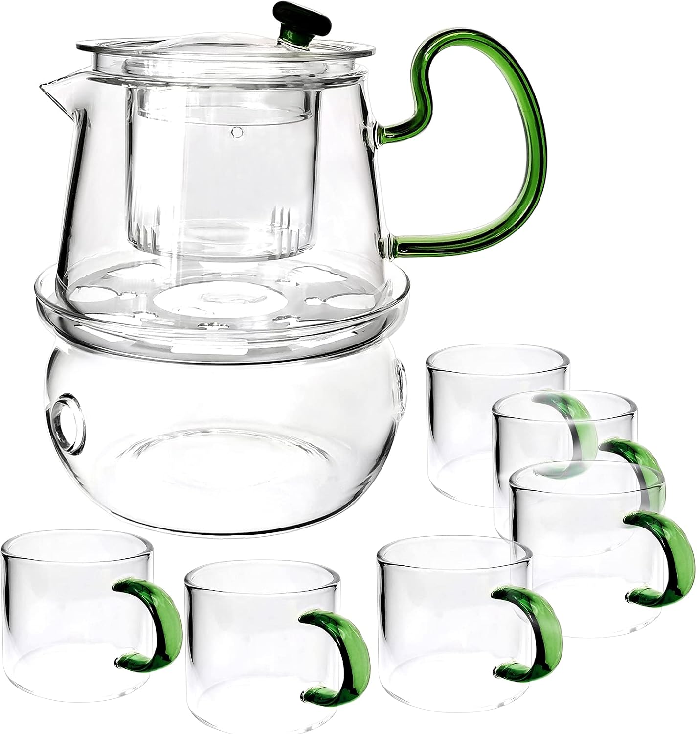Glass Filtering Tea Maker Teapot with a Warmer and 6 Double-walled Tea Cups Set (Heating base, Standard)