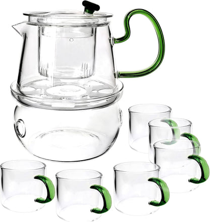 Glass Filtering Tea Maker Teapot with a Warmer and 6 Double-walled Tea Cups Set (Heating base, Standard)