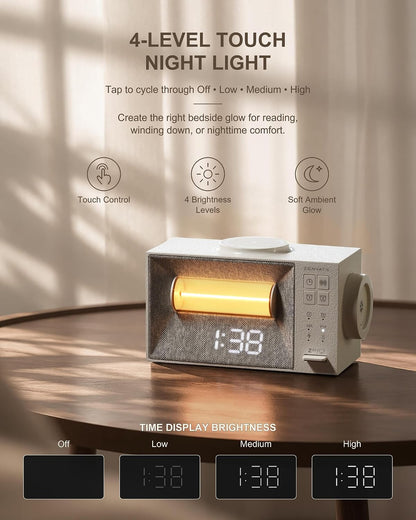 Sound Machine Alarm Clock with Wireless Charger for Bedroom, Hotel