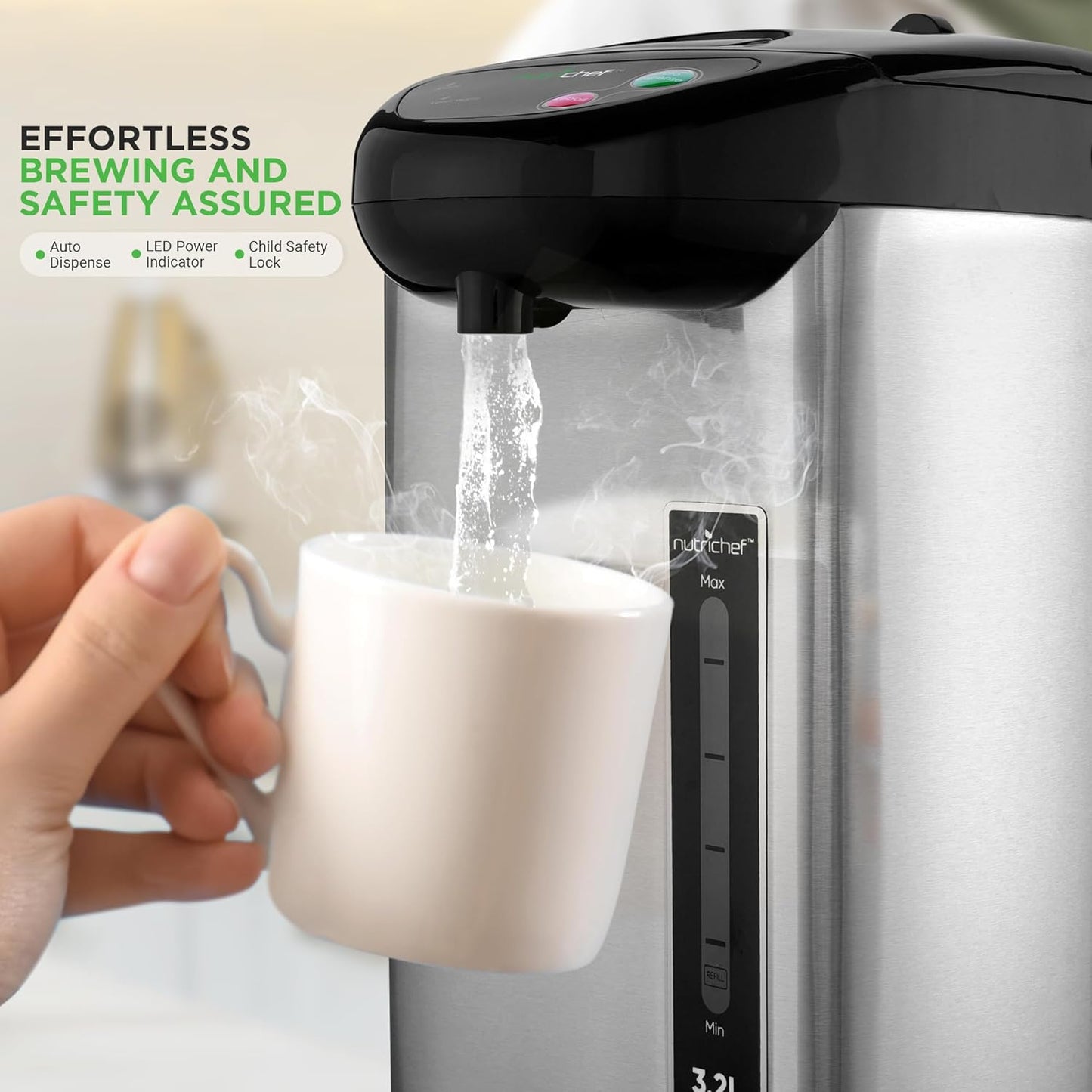 NutriChef 5.2 Qt Electric Water Kettle, Portable, Quick Heating, 5 Liter Digital Kettle with 5 Temperature Settings, Safety Lock, Stainless Steel, 3 Dispensing Options, 8.46" x 11.2" x 16.5"