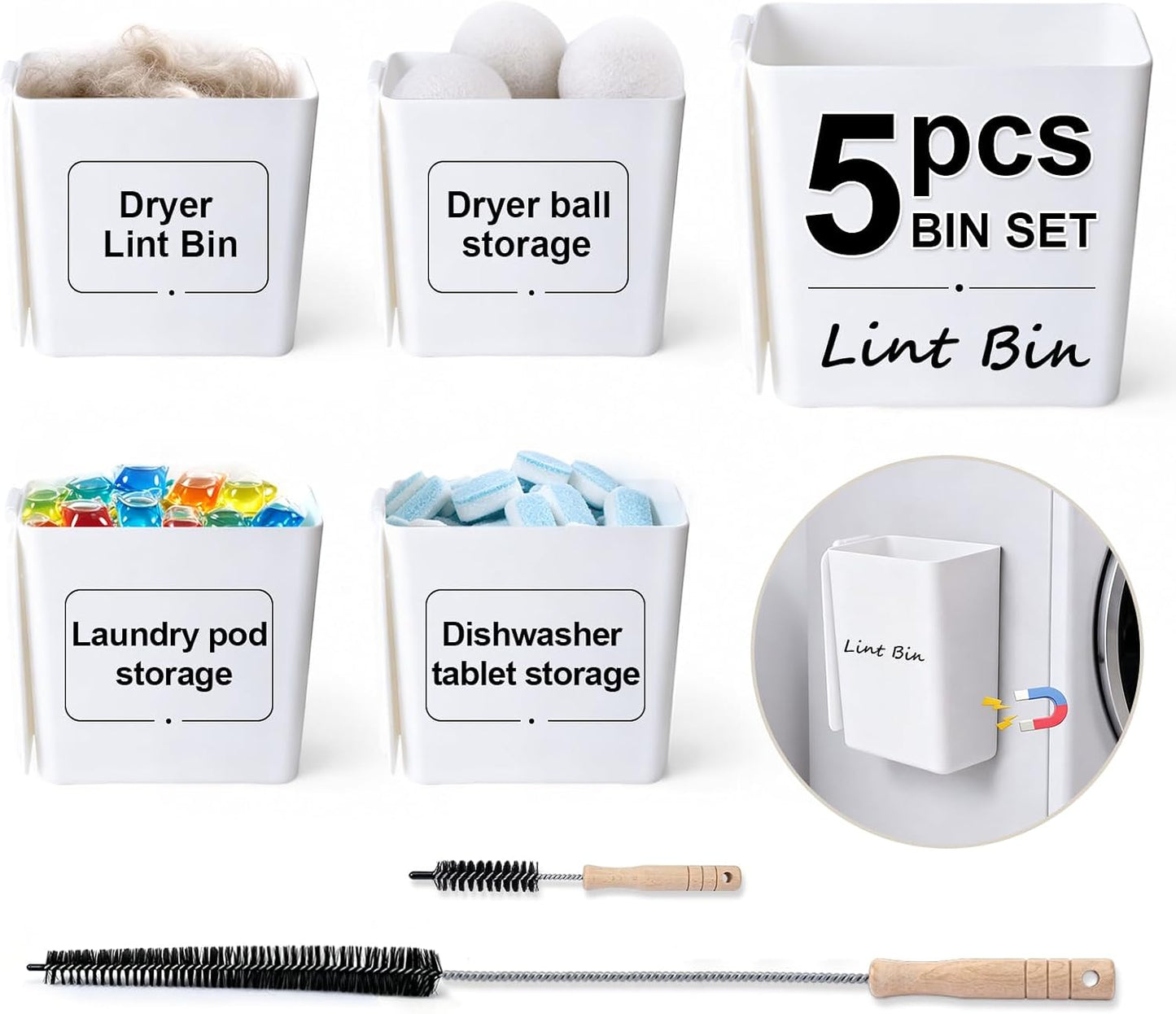 5 Pack Magnetic Lint Bin for Laundry Room, Large Plastic Lint Trash Can with Lid for Dryer, Wall Mount Dryer Lint Holder Box, Laundry Room Organization Accessories for Lint, Dryer Sheets & Essentials
