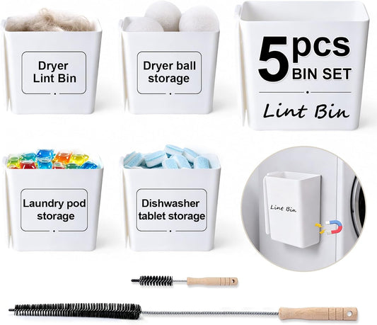 5 Pack Magnetic Lint Bin for Laundry Room, Large Plastic Lint Trash Can with Lid for Dryer, Wall Mount Dryer Lint Holder Box, Laundry Room Organization Accessories for Lint, Dryer Sheets & Essentials