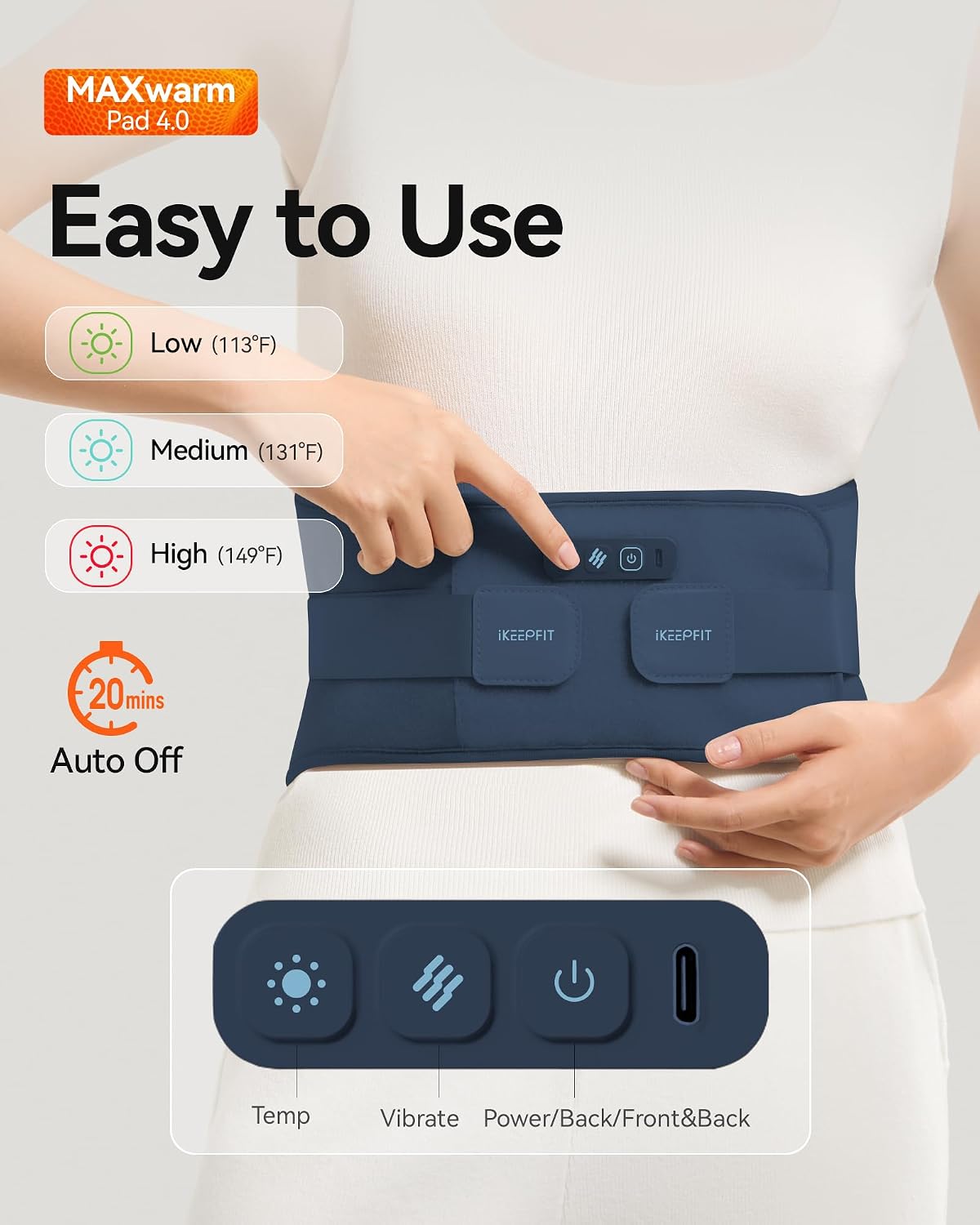 IKEEPFIT Portable Heating Pad for Back, Cordless Wearable Heat Belt with Massager for Lower Back Pain Relief, Battery Powered 8000 mAh Rechargeable, MAXwarm® 3.0, Gift for Women Men 90-310 lbs