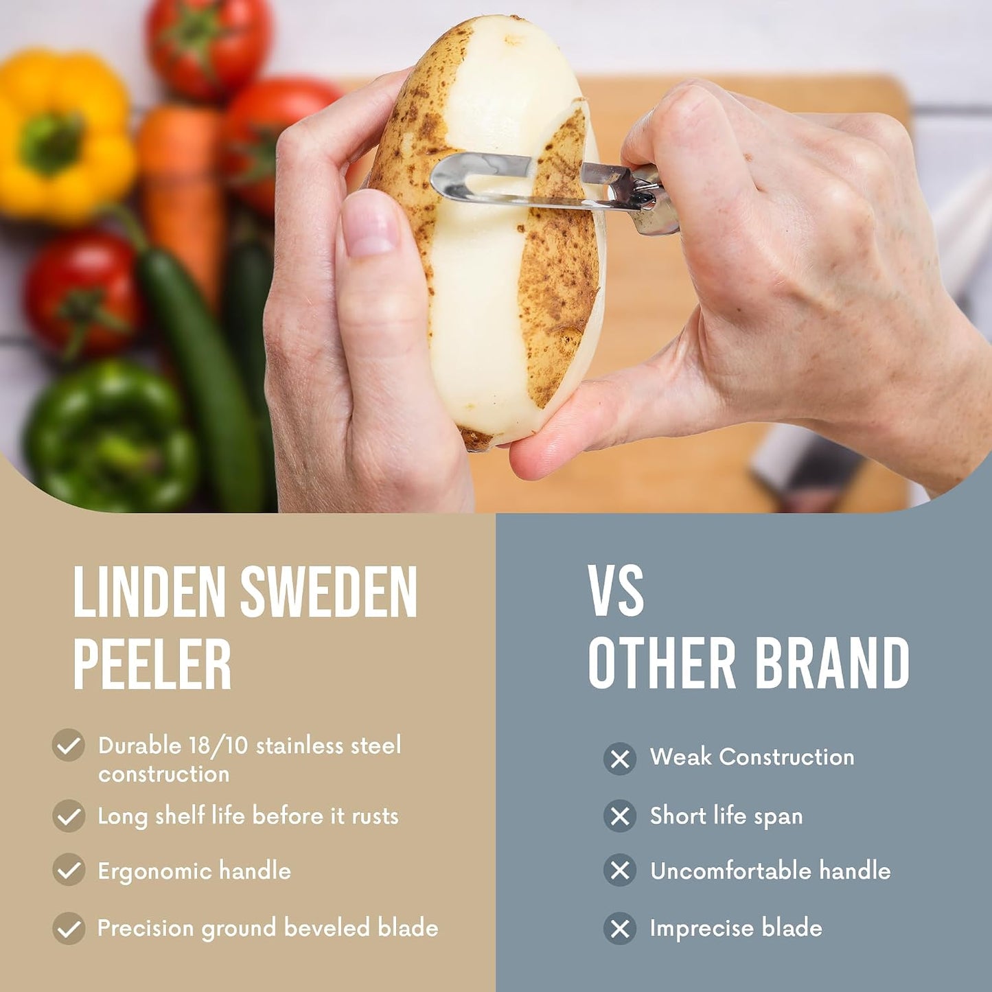 Linden Sweden Original Jonas Vegetable Peelers for Kitchen - Made In Sweden - Carrot Peeler with Ergonomic Handle for Safety and Control - Dishwasher Safe Potato Peelers - 3-Pack - Stainless Steel