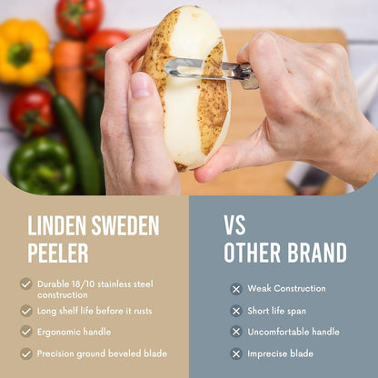 Linden Sweden Original Jonas Vegetable Peelers for Kitchen - Made In Sweden - Carrot Peeler with Ergonomic Handle for Safety and Control - Dishwasher Safe Potato Peelers - 3-Pack - Stainless Steel