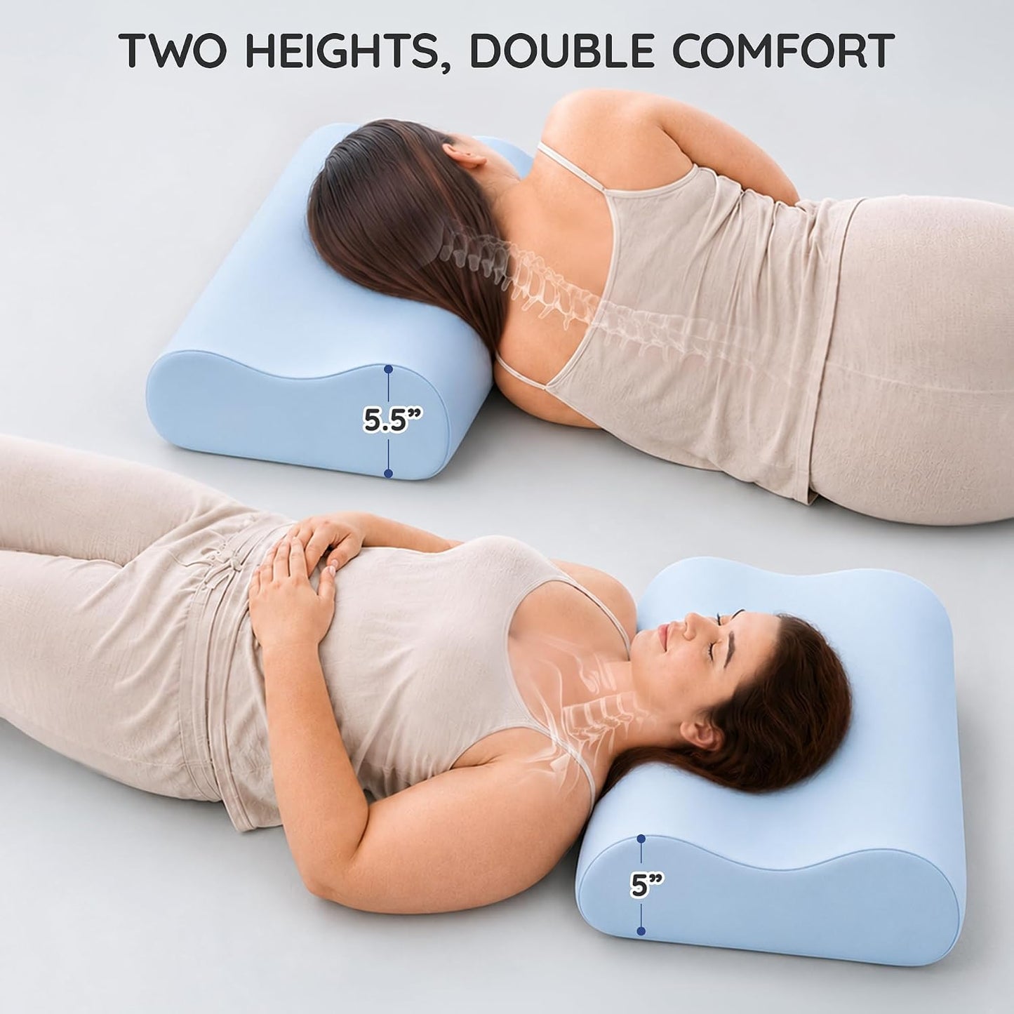 Contour Memory Foam Cervical Pillow for Neck Pain Relief, White | Orthopedic neck support | Standard size | side/back/stomach sleep | cervical alignment | two height choices | washable cover