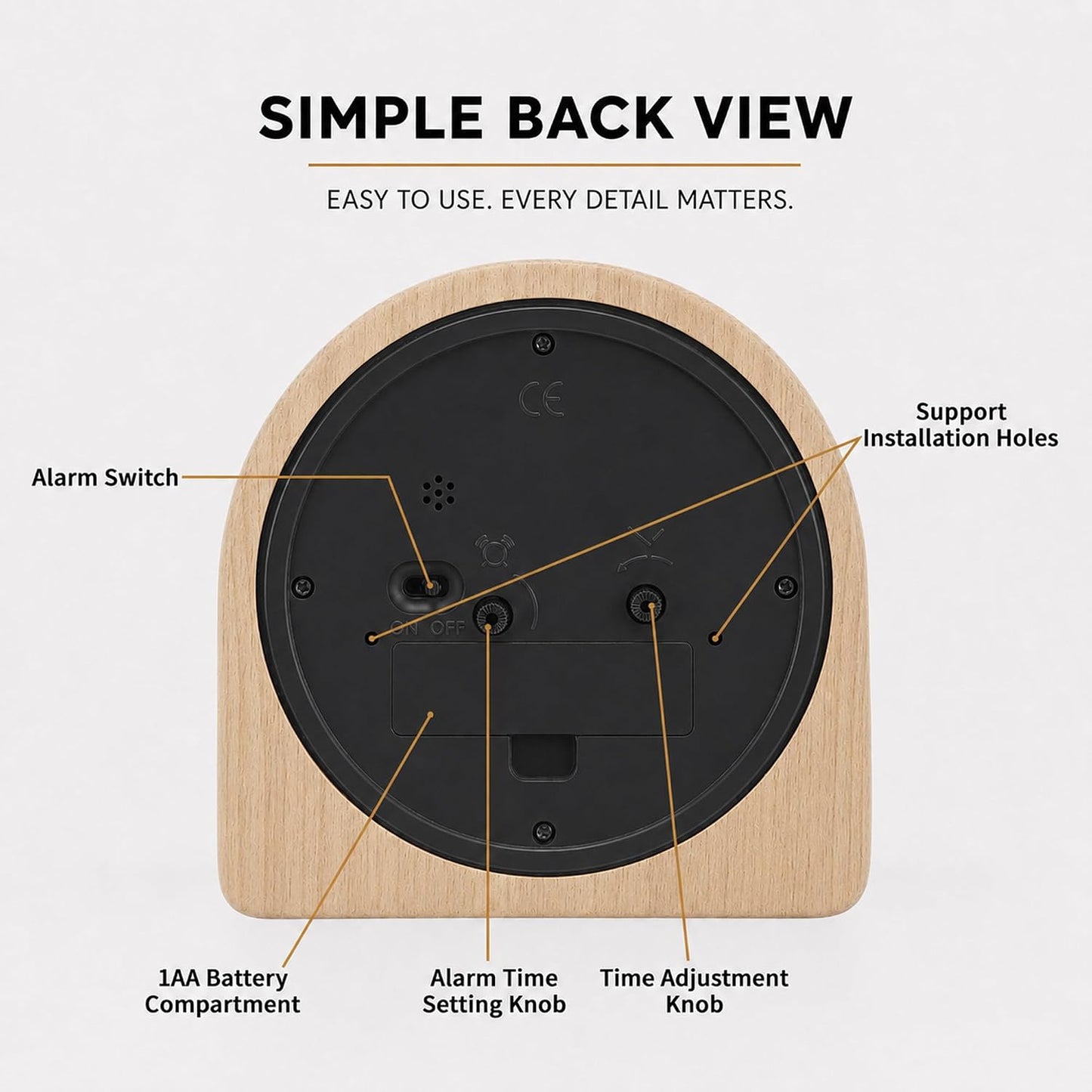 Analog Alarm Clock 5" Silent Non-Ticking Small Solid Wood Desk Clocks Battery Operated Simple Style Retro Table Clock for Office/Bedroom/Kitchen/School/Bedside/Shelf (Light Wood, Arch)