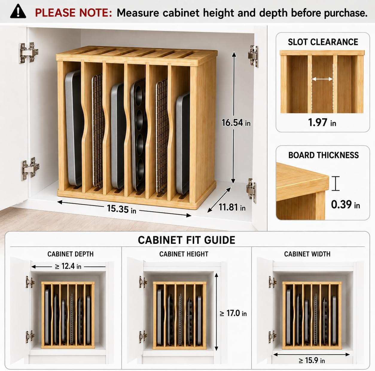 Cookie Sheet Organizer for Cabinet, 7 Tier Wooden Tray Divider | Vertical Cabinet Storage for Baking Sheets, Sheet Pans, Cutting Boards and Flat Pans, 15.35 in W x 11.81 in D x 16.54 in H