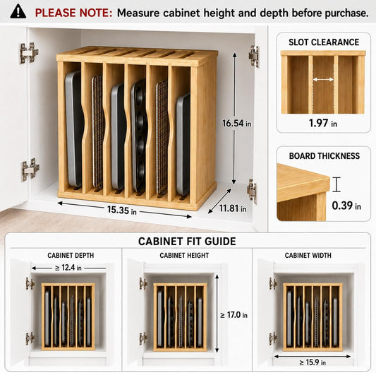 Cookie Sheet Organizer for Cabinet, 7 Tier Wooden Tray Divider | Vertical Cabinet Storage for Baking Sheets, Sheet Pans, Cutting Boards and Flat Pans, 15.35 in W x 11.81 in D x 16.54 in H
