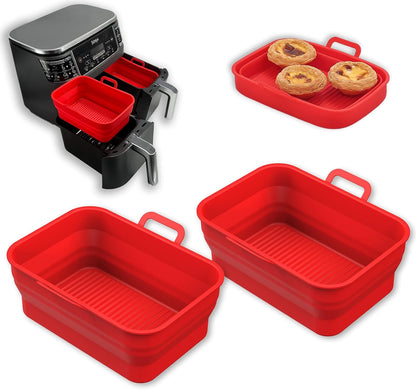 Collapsible Silicone Air Fryer Liners 8QT 10QT Ninja Dual (Gray) | 2 Pack Food Grade Platinum Silicone, Snug Rectangular Fit, Grease Drainage Ridges, Dishwasher Safe, BPA Free Basket Liner