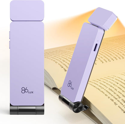 86lux Book Light, Rechargeable Reading Lights for Books in Bed | Ultralight Clip-on LED Bookmark Lamp with 3 Amber Colors & Stepless Dimming for Night Reading for Book Lovers, Ashen