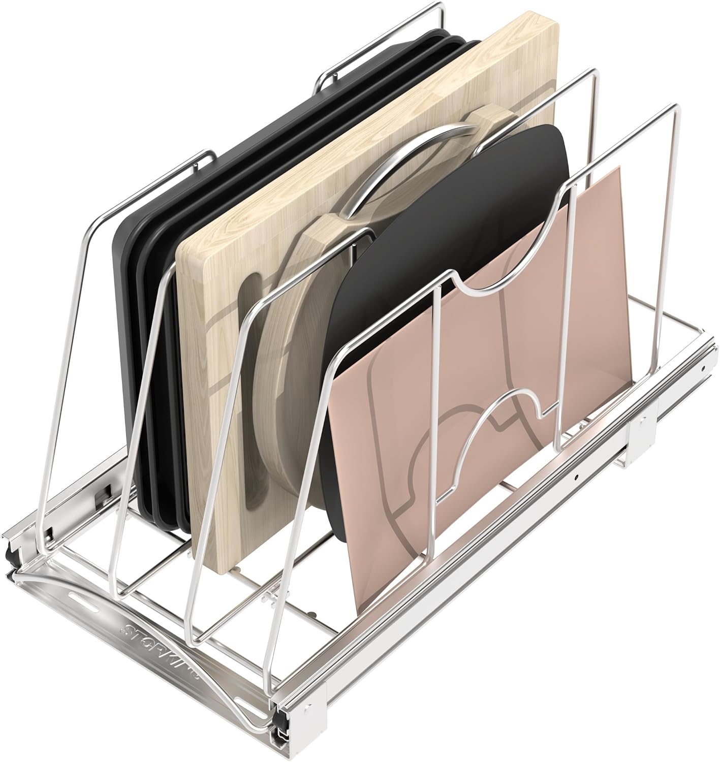 Pull Out Cookie Sheet Organizer, 10" W x 22" D x 11" H, Chrome | For Cabinet, Pan and Pot, Cutting Board, Bakeware, Tray Organizer Rack, Sliding Rack- Heavy Duty, Adjustable Divider Width