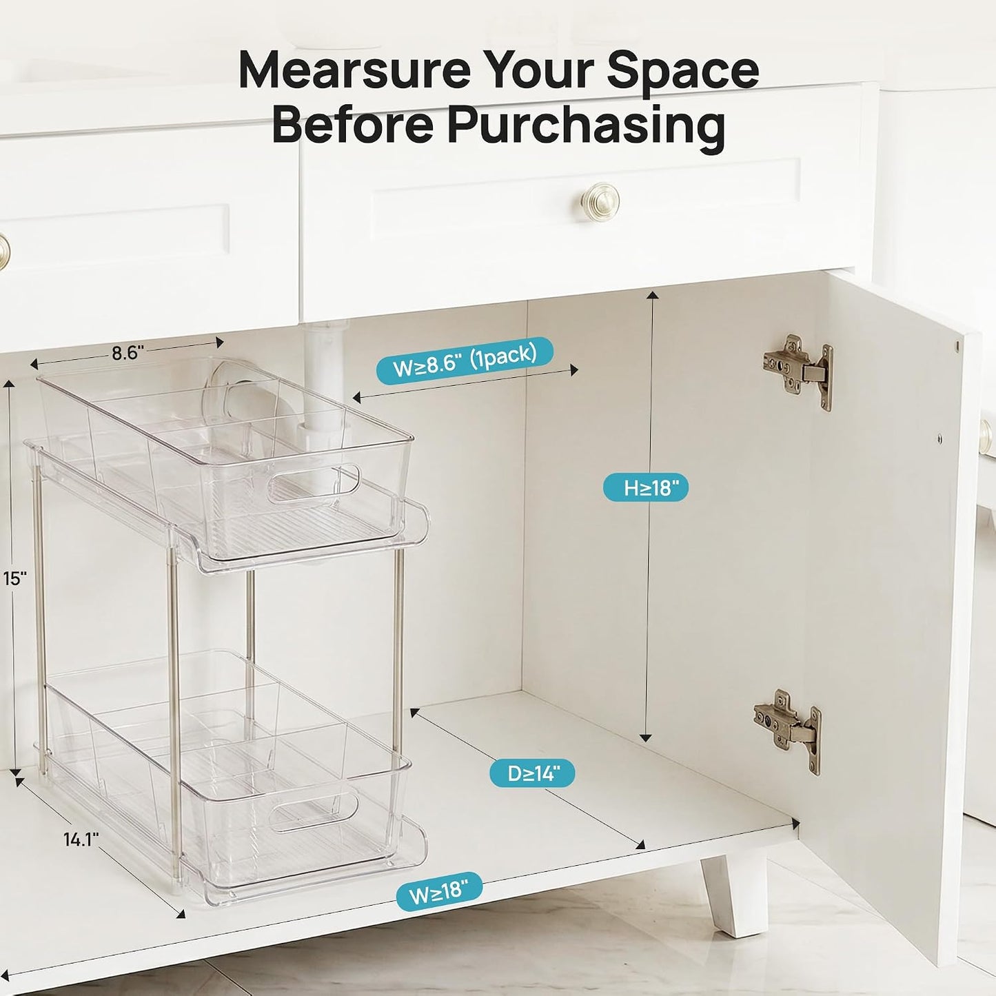 Vtopmart 2 Pack Pull Out Bathroom Under Sink Organizer (S-Standard) | Slide-out drawers, Multi-purpose storage, Clear visibility, Easy Set-up