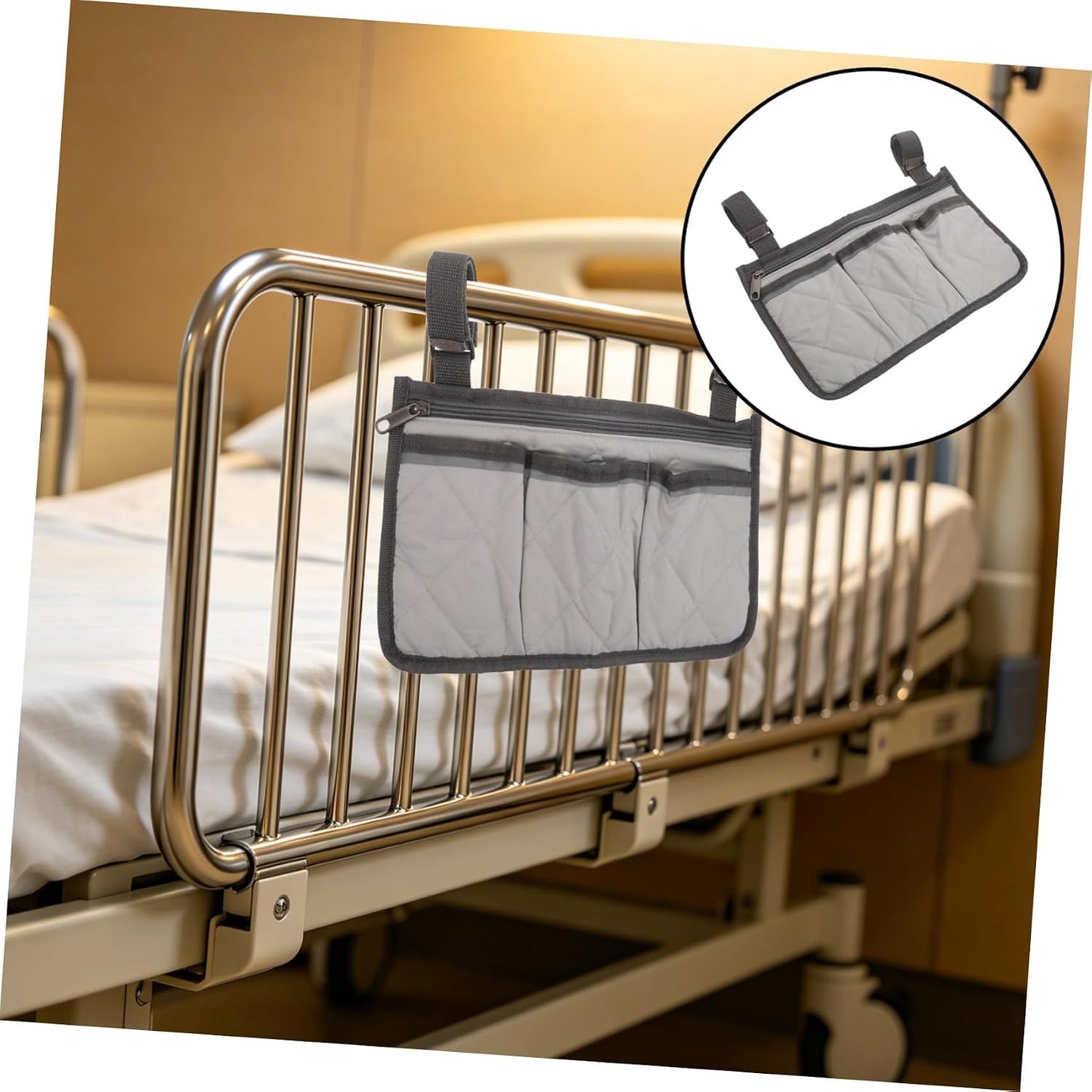 Bedside Rail Organizer Bag with 4 Pockets, Cup Holder, and Zipper Phone Pouch, Universal Multi-use Storage Caddy for Senior Safety and Mobility Assistance on Hospital or Dorm Beds