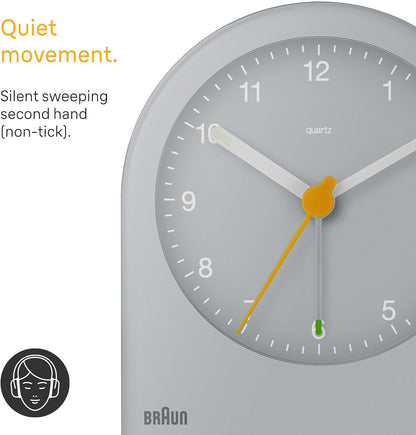 Braun Classic Analogue Alarm Clock with Snooze and Continuous Backlight, Quiet Quartz Movement, Crescendo Beep Alarm in White, Model BC22W.