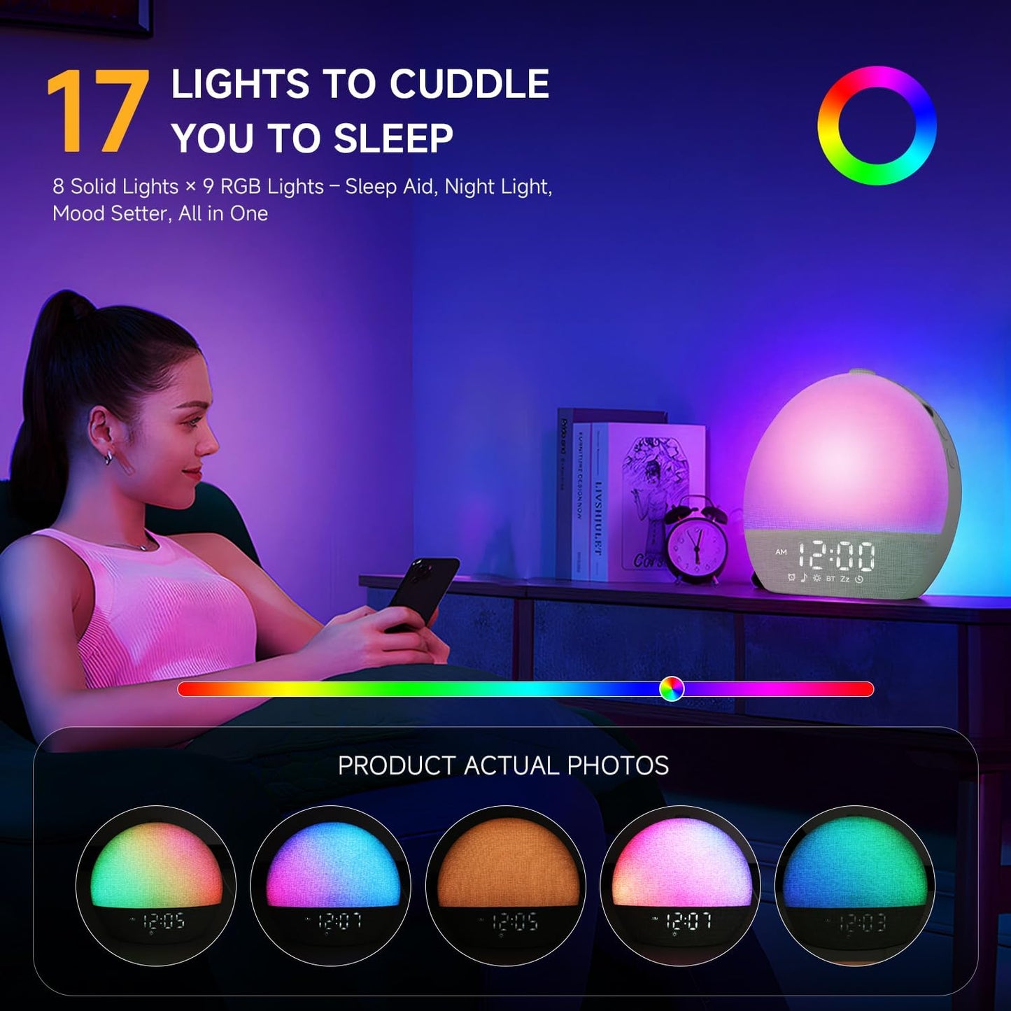 Geuuap Sunrise Alarm Clock White Noise Machine with Bluetooth Speaker,Khaki | 30 Soothing Sounds, 17 Dimmable lights, Simulated Sunrise, Backup Battery Memory, Auto-off Sleep Timer, Screen-Free Design