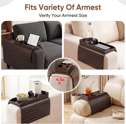 Bamboo Couch Arm Tray Table with Built-in Cup Holder, Foldable Anti-Slip Sofa Armrest Table for Drinks, Phone & Remote, Fits 4.7–16.9 in Armrests, Holds Cups up to 3.5 in Diameter (Bamboo)