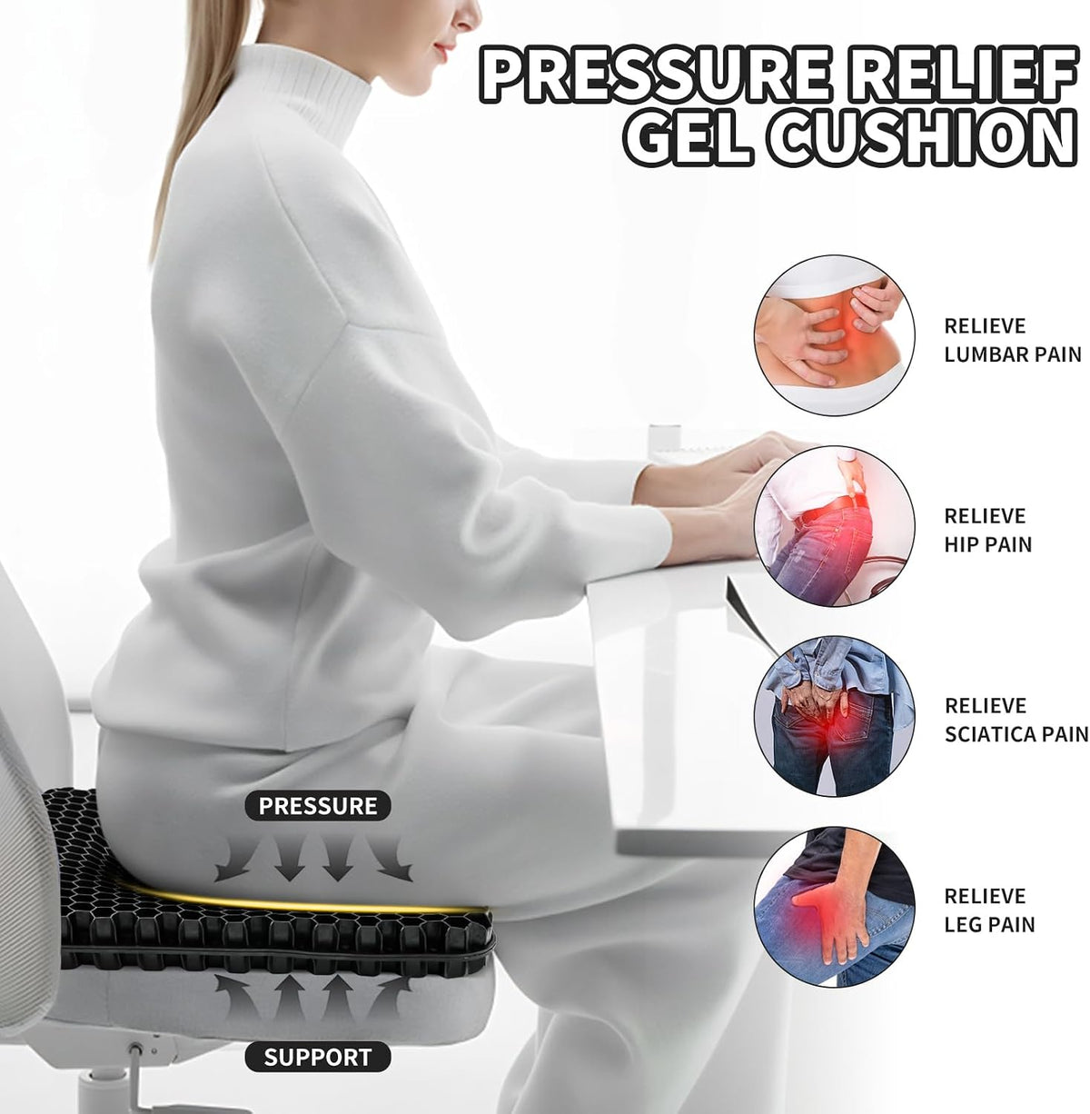 Gel Seat Cushion for Long Sitting - 16.5" x 14.5" x 2.4" (Extra Thick＆Soft)