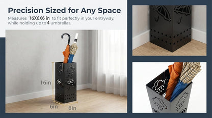 BEWBBAT Umbrella Stand Rack for Entryway, Black Square Metal Umbrella Holder, Free Standing Umbrella Storage Organizer Bin with for Home Office Hotel Decor, 6 x 6 x 17 Inch, Hold 6 Umbrellas