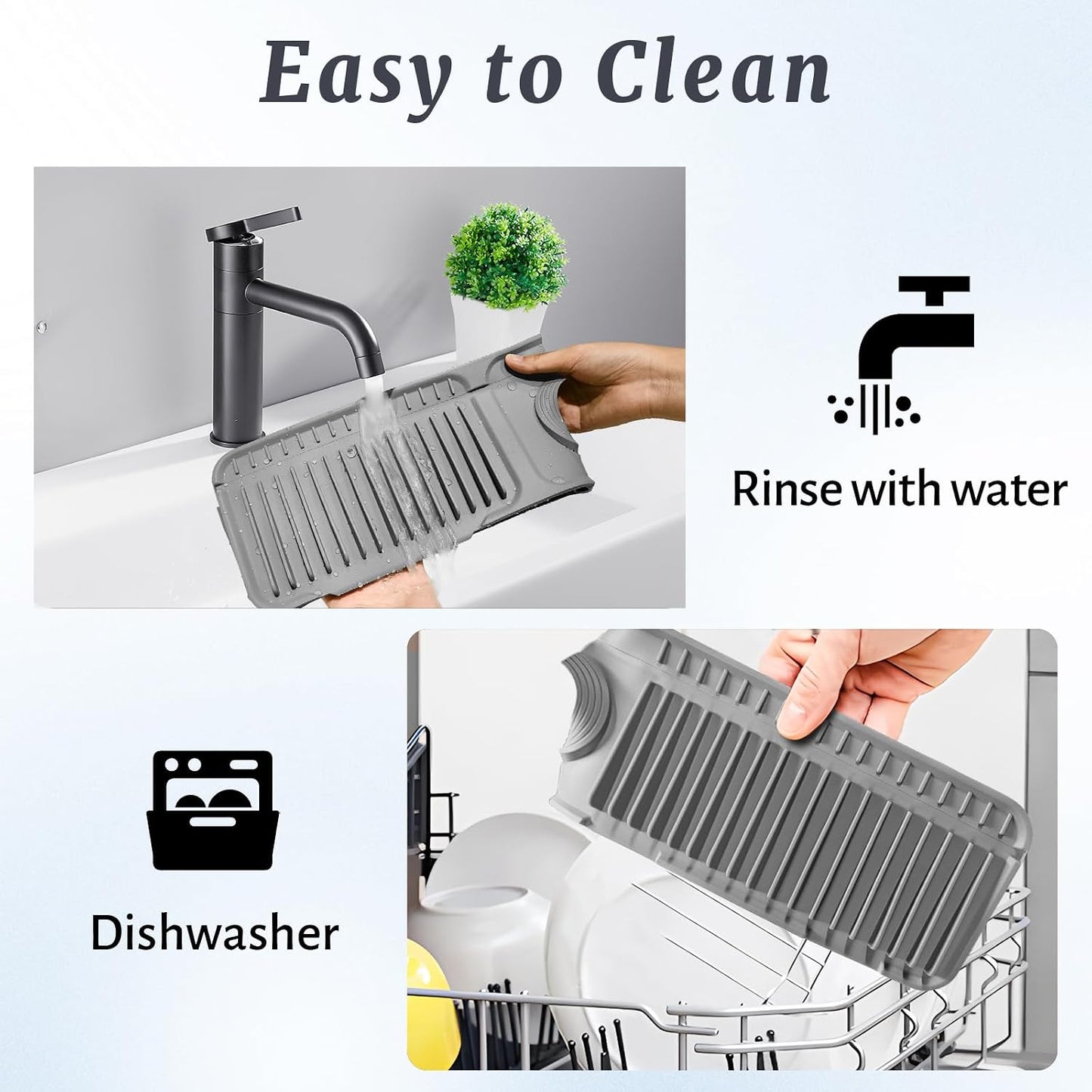 PoYang 24 Inch Faucet Mat for Kitchen Sink Splash Guard, Silicone, Black | Sink Protectors with 7° Slope for Smooth Drainage, Snap Button Holds It in Place, 90° Foldable & Cuttable Hole Fit Most Sinks